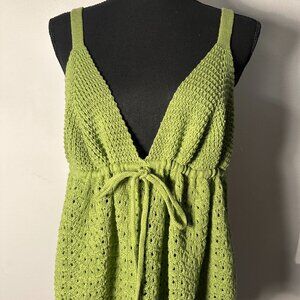 Green Crochet Knit Spaghetti Strap Top with Tie